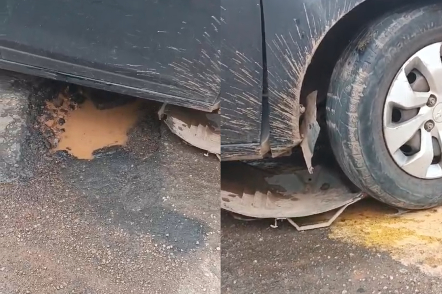 Buraco na Rua da Japonesa espoca pneu de motorista, que ironiza: 